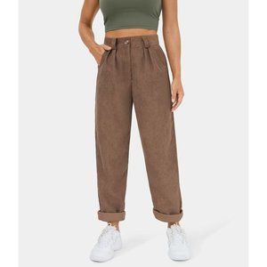 Halara Womens Corduroy Pant Sz M 8 10 Brown Straight Leg Pleated Front High Rise